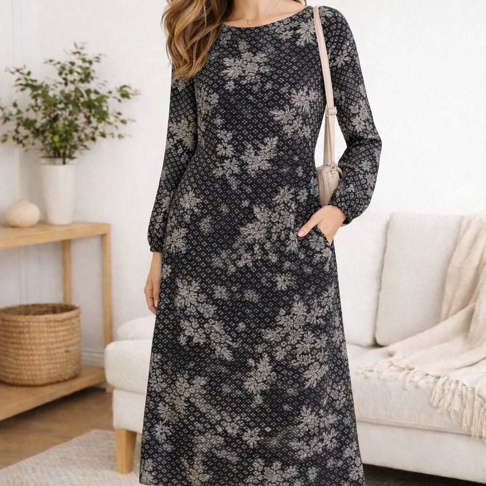Old Navy Black Floral Print Midi Dress Size 6 Long Sleeve Boho Cottagecore